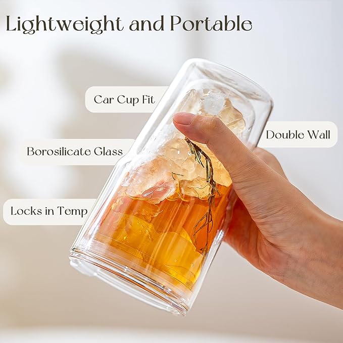 KEMORELA 16oz Clear Glass tumbler with Lids and Straws 2pcs,Double Wall Iced Coffee Cups with Lids,Coffee Bar Accessories, Insulated Borosilicate Glass Tumblers, To Go Coffee Cups, Spill proof