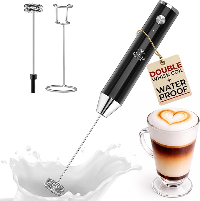 Zulay Kitchen Rechargeable Milk Frother Handheld Lux - Powerful 2-Speed Motor, Waterproof, 2000mAh Battery - Drink Mixer for Latte, Cappuccino, Matcha & Protein Powder - Obsidian Black