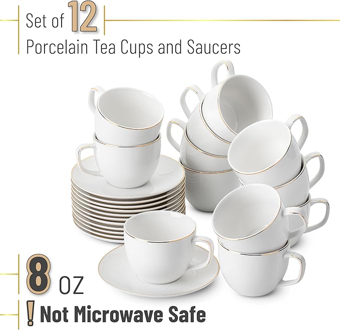 BTaT- Cappuccino Cups with Saucers 8 oz, Set of 12, White Porcelain Coffee Cup and Saucer Set for Latte with Golden Trim Design, Dishwasher Safe, Mocha, Tea, Au Lait, Flat White