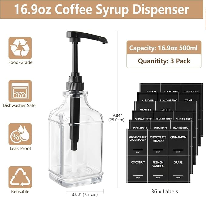 3 Pack 16.9oz (500ml) Glass Coffee Syrup Dispenser with Pump, Syrup Pump Dispenser for Coffee Bar, Coffee Syrup Bottles with Labels - Image 7