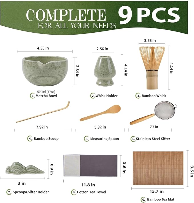 Matcha Whisk Set，9-Piece Traditional Matcha Kit in Giftbox, Bamboo Whisk Ceramic Matcha Bowl Matcha Kit for Ceremony, Making Tools for Tea Ceremony (Matcha Green)