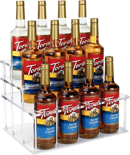 Acrylic 12 Bottle Capacity Coffee Syrup Organizer, 3-Tier Coffee Syrup Rack, Syrup Bottle Holder Stand for Coffee Bar Kitchen Countertop, Family Storage for Syrup Wine Dressing