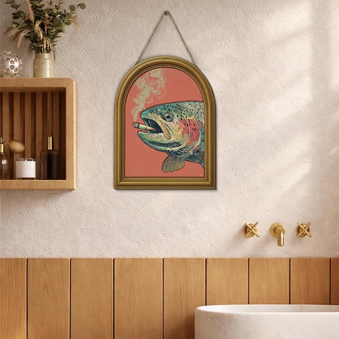 3D Funny Vintage Trout Wall Art Sign, Retro Whimsical Trout Fish Animal Decor Sign for Home Bar Man Cave Desk Wall Shelf Decor 8x10 Inch