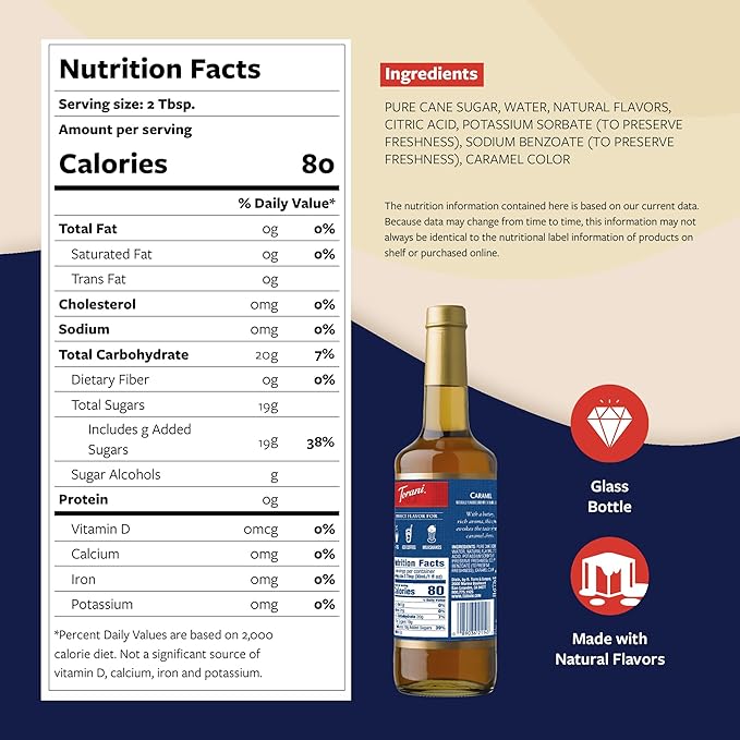 Torani Caramel Coffee Syrup for Drinks & Desserts, Glass Bottle 4-Pack, Pumps Included, 25.4 Fl Oz Ea