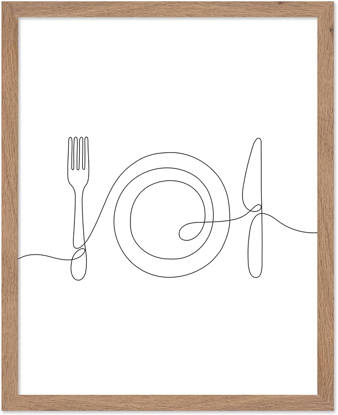 Poster Master Vintage Minimalist Poster - Retro Illustration Print - Fork, Plate, Knife, Line Drawing, Simple - Gift for Artist, Friend - Wall Decor for Kitchen, Restaurant, 8x10 Beige Framed