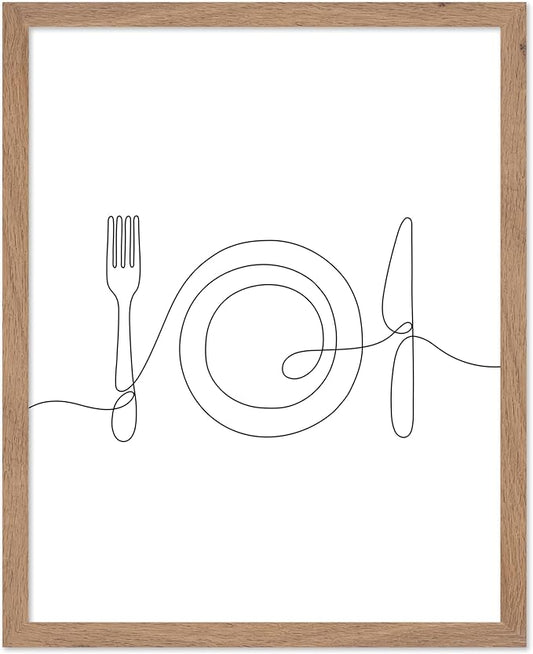 Poster Master Vintage Minimalist Poster - Retro Illustration Print - Fork, Plate, Knife, Line Drawing, Simple - Gift for Artist, Friend - Wall Decor for Kitchen, Restaurant, 8x10 Beige Framed