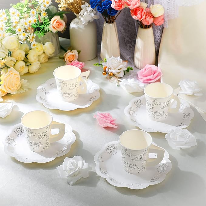 Nuenen 36 Set Color Your Own Tea Party Paper Cups with Handles Disposable Tea Cups and Saucers Plates DIY Coloring Activity Crafts for Kids Birthday Party
