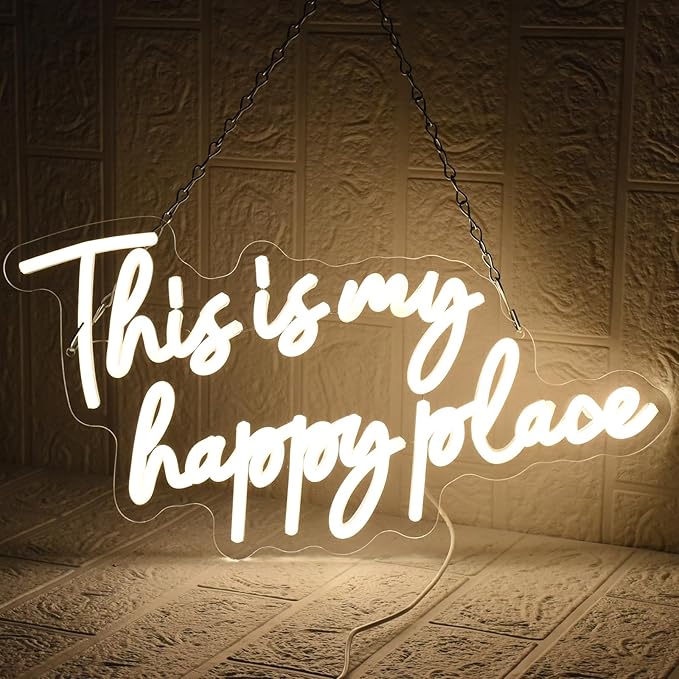 This is My Happy Place Neon Sign, Warm White Neon Lights for Wall Decor, Happy Place Signs for Wall Decor, USB Dimmable Led Light Up for Bedroom Classroom Man Cave Home Bar