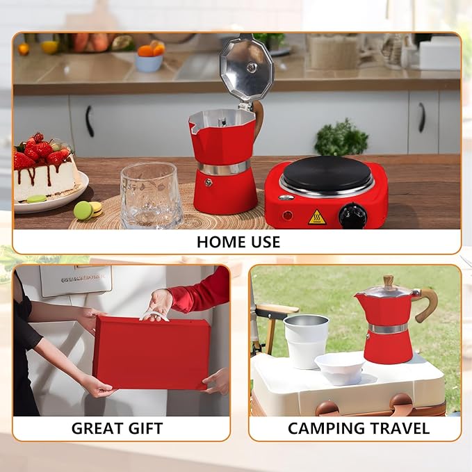 2-in-1 Aluminum Moka Pot Set with Electric Stove Classic Stovetop Espresso Coffee Maker 150ml 5oz Mocha Express Portable Camping Travel Preferred Cafe Makers Italian Cuban Café Brewing 3 Cup