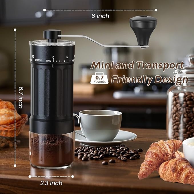 Manual Coffee Grinder with 40 External Adjustments, 30g Capacity Hand-Crank Bean Mill, Compact Conical Burr Grinder for Espresso, Pour Over, French Press, Travel/Camping/Office