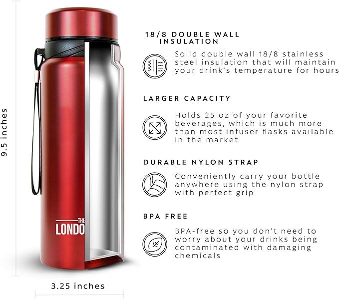 The London Sip 25 oz Multi-Function Travel Mug and Tumbler Tea Infuser Water Bottle Fruit Infused Flask Hot and Cold Double Wall Stainless Steel Coffee Thermos, Sacred Red, Pack of 2
