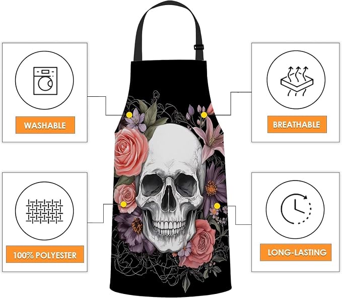 Skull Flowers Vintage Rose Floral Waterproof Apron Kitchen Chef Aprons Bibs for Grooming Cooking Baking Painting Gardening - Image 4