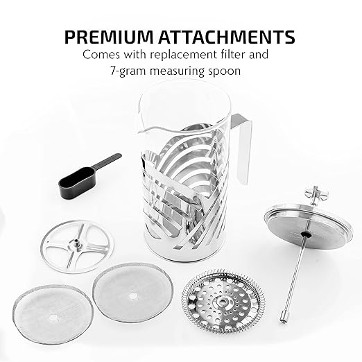OVENTE French Press Coffee Maker 34 Ounce with Heat Resistant Borosilicate Glass, Stainless Steel Design and 4-Level Filter System, Portable Cold Brewer Pot for Travel, Camping or Gift, Silver FSD34P