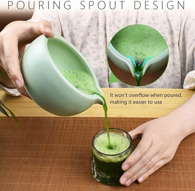 Artcome 7 Pcs Complete Matcha Ceremony Kit for Tea Ceremony, Bowl with Pouring Spout, Whisk, Tea Scoop, Matcha Powder Strainer, Matcha Tea Set For Making Usucha, Koicha and Matcha Latte (Green)