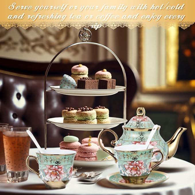 Zhehao 20 Pcs Porcelain Tea Set with Metal Holder and Spoon Adult Ceramic Tea Set European Flower Painting Teapot Cup Saucer Spoon for Women, Large Version (Fresh Style)