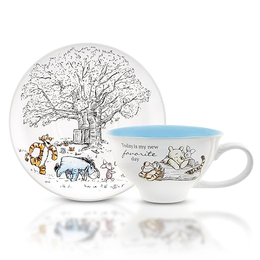 Silver Buffalo Disney Winnie the Pooh Walking Classic Scene Ceramic Teacup and Saucer, 12 Ounces