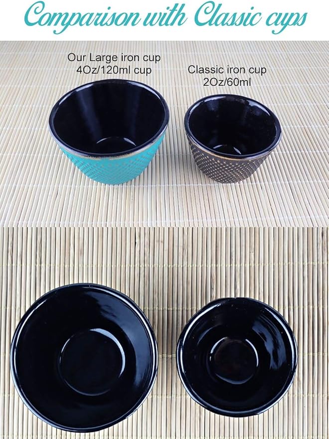 4pc Japanese Tea Cups Set. Turquoise/Gold Cast Iron Tea Cup Set, 2 Tea Cups and Saucers. 4oz Teacup Set For Any Japanese Tea Set or Teapot.
