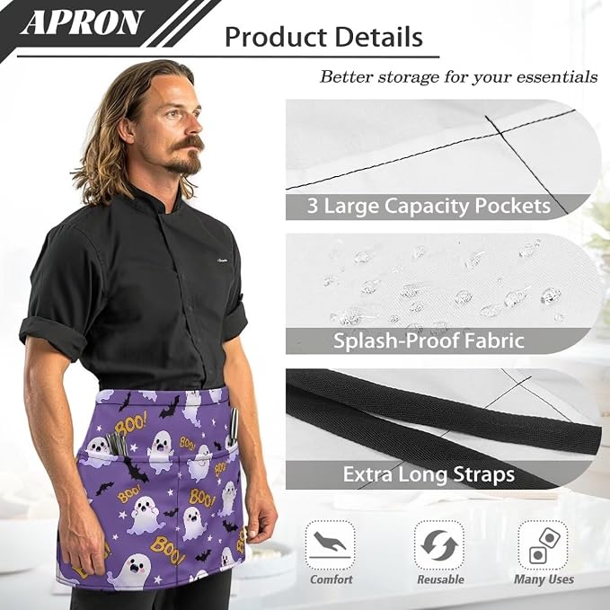 Waist Apron with 3 Pockets Waterproof 13 Inch Short Half Waist Aprons Women Men Server Aprons Waitress Waiter Apron - Image 6