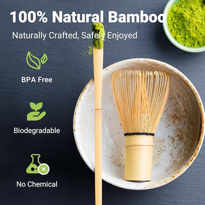 Traditional Matcha Tea Whisk Set with Bamboo Chasen, Ceramic Holder, Scoop, Spoon, Strainer, 5 Piece Japanese Ceremony Kit matcha whisk