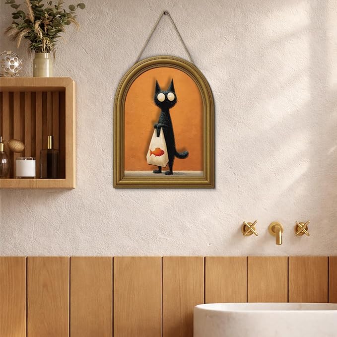 3D Cute Black Cat Table Decor Sign, Funny Cat and Fish Wall Art Sign for Home Living Room Dining Room Table Wall Desk Decor 8x10 Inch