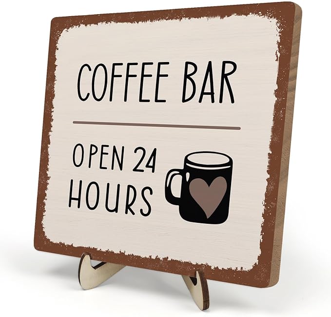 Coffee Bar Sign Plaque Decor,Coffee Bar Accessories,Rustic Wooden Tabletop Plaque with Stand, Minimalist Farmhouse Kitchen Counter Sign,Cute Mini Café Bar Decor Gift 5.9x5.9Inch
