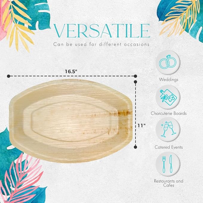 16 x 10 inch Oval Palm Leaf Trays (Pack of 10) - for Charcuterie Boards, Gazing Platters - Eco-Friendly, Strong, Durable & Disposable Plates - Compostable & Biodegradable
