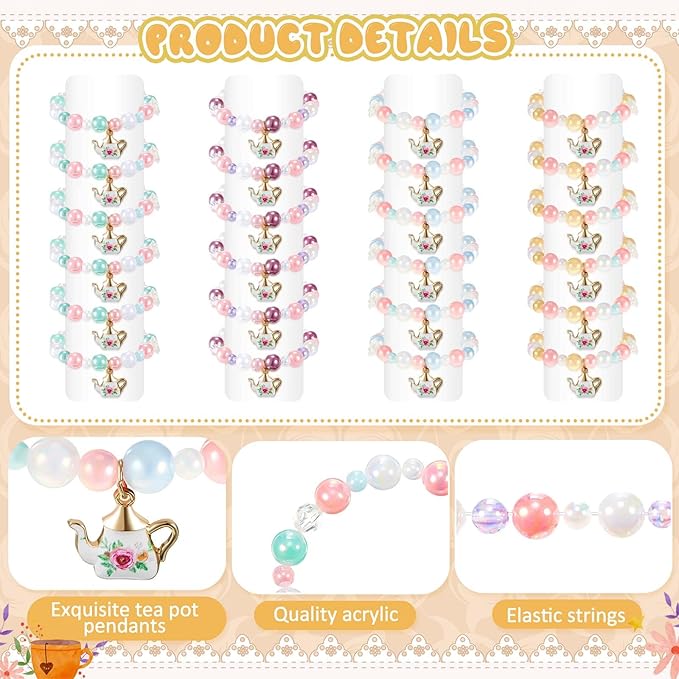 Ecally 36 Pcs Tea Party Favors Bracelet Gift Tea Pot Beaded Bracelet Bulk Party Supplies Pot Pendant Accessories Decorations for Kids Girl