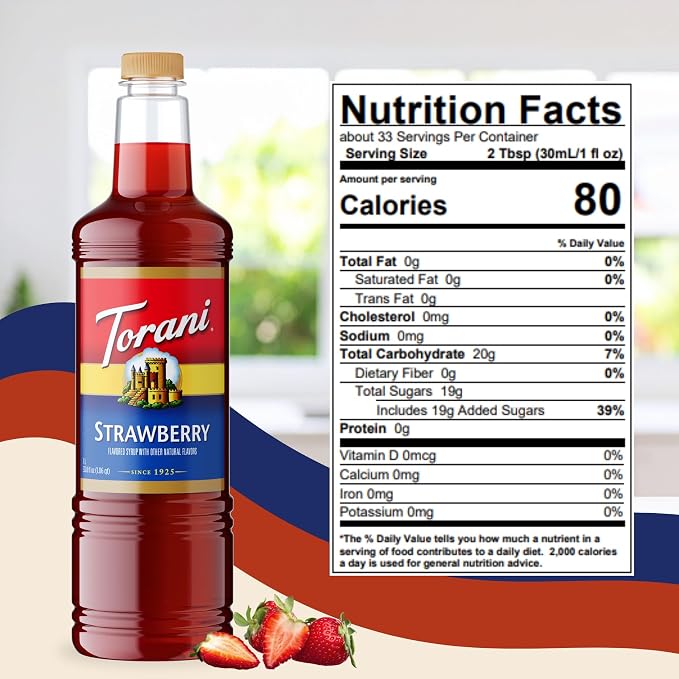 Torani Strawberry Syrup 1 Liter Bottle with Pump – Premium Drink Flavoring Made with Pure Cane Sugar & Natural Flavors for Coffee, Cocktails, Mocktails, Lemonades & Desserts – Café-Quality Sweetener - Image 2