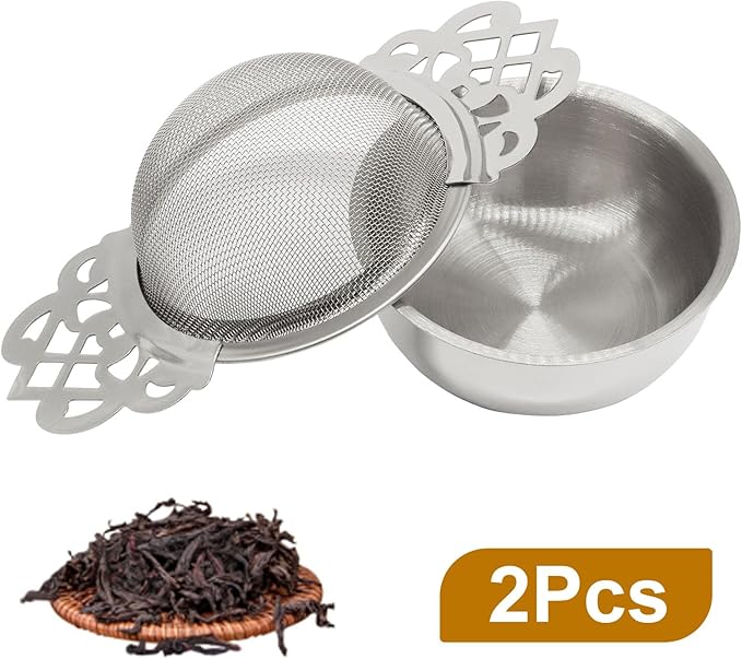 2 Pcs Tea Strainer Bowl, Stainless Steel Loose Leaf Tea Filter for Easy Brewing and Cleaning, Design Fits Most Standard Cups (Silver)