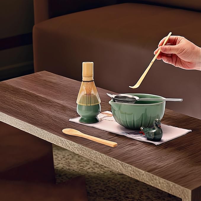 Matcha Ceremony Accessory,temmoku glaze Matcha Whisk, Traditional Scoop (Chashaku), Tea Spoon, Whisk Holder, 1 tea bowl, 1 tea siev, The Perfect Set to Prepare a Traditional Cup of Matcha. (Green)