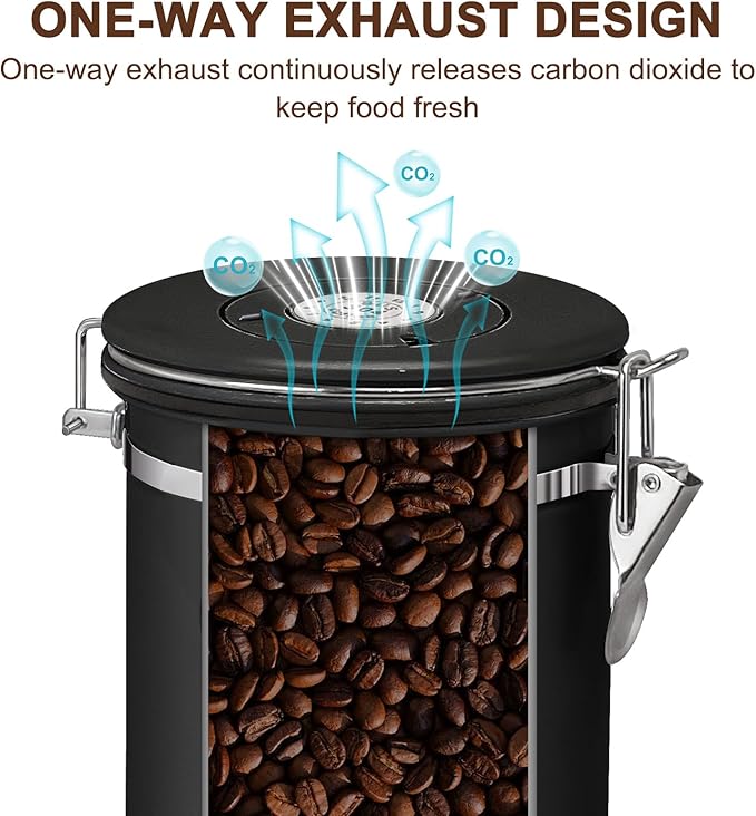 2.8L Airtight Vacuum Coffee Canister, Stainless Steel Storage Container for Coffee Beans and Grounds with Scoop.Suitable for coffee powder, coffee beans, rice, tea leaves, sugar, flour, and grains
