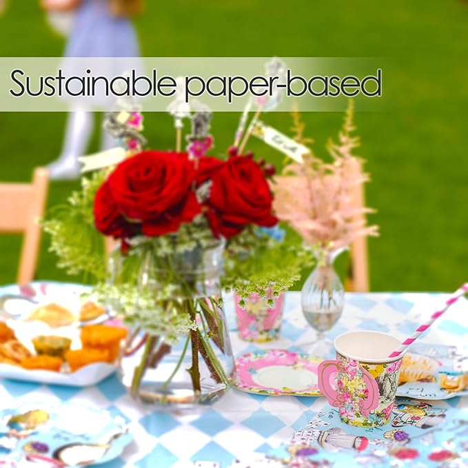 Talking Tables 12 x Alice in Wonderland Disposable Paper Teacup Set with Handle & Saucers Mad Hatter Afternoon Tea Party Table Decorations for Mother's Day, Onederland Birthday, Baby Shower, Wedding