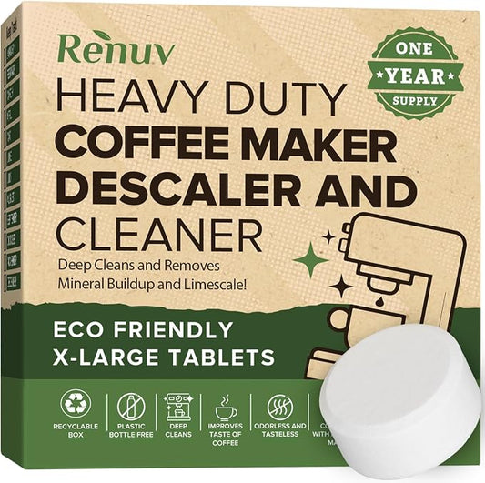 Renuv® Coffee Maker Cleaner & Descaler Tablets, 12 Uses for Keurig, Ninja, Breville, Delonghi, Nespresso, Miele, Jura, Mr Coffee, Cuisinart Descaling Solution for Coffee Pot Maker & Espresso Machines by Renuv