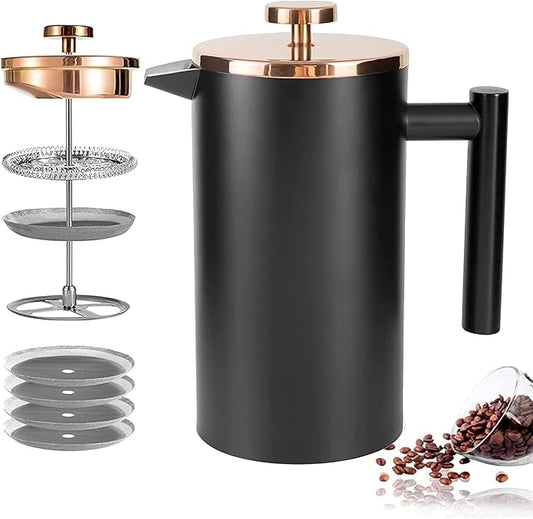 Miuly French Press Coffee Maker, 21Oz Stainless Steel Coffee Press with 3 Level Filtration System, Double Wall Insulated French Press with 4 Filters and 1 Metal Spoon, Black