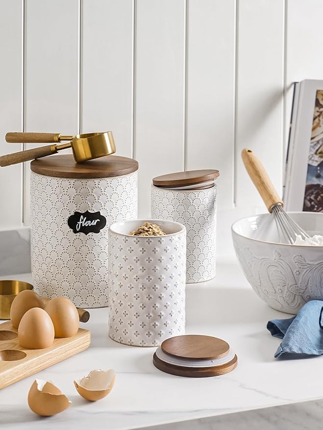 LE TAUCI Ceramic Kitchen Canister Set with Airtight Lids, Food Storage Containers for Flour, Sugar, Coffee - Large Embossed Jars for Pantry Storage & Countertop Decor - Set of 2 (78/25 oz), Clover
