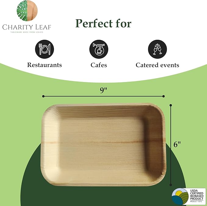 Charity Leaf Eco-Friendly Palm Leaf Trays - 9"x6" (25-Pack) | Elegant Bamboo-Inspired Platters | Premium Quality, Biodegradable | Perfect for Weddings, Catering, Events | Disposable Yet Chic
