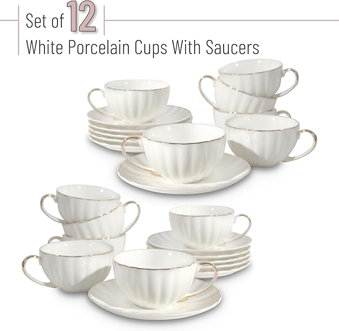 BTaT- Cappuccino Cups with Saucers 7 oz, Set of 12, White Porcelain Coffee Cup and Saucer Set for Latte with Golden Trim Design, Dishwasher Safe, Mocha, Tea, Au Lait, Flat White