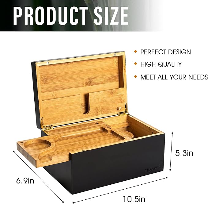 Large Bamboo Stash Box with Strong Magnetic Lid - Smell Proof Decorative Storage Box for Herbs, Spices & Keepsakes - Includes Removable Wood Tray and Glass Storage Jars - Natural & Discreet