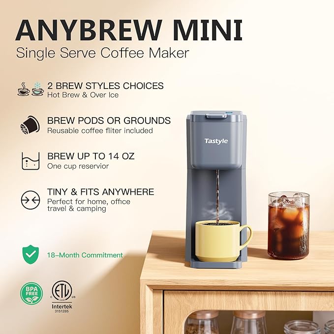Mini Hot and Iced Coffee Maker Single Serve, for K Cup and Ground, 6 to 14 Oz Brew Sizes, with Recipe Book, for Home, Travel, RV, Office and Dorm, Elegant Gray