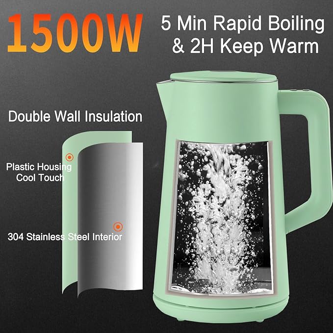 1.5L Electric Kettle Stainless Steel Double Wall Cold Touch Tea Kettle, Quick Boil, 5 Temperature Control, LED Display, Auto Shutoff, Warm Function, Green