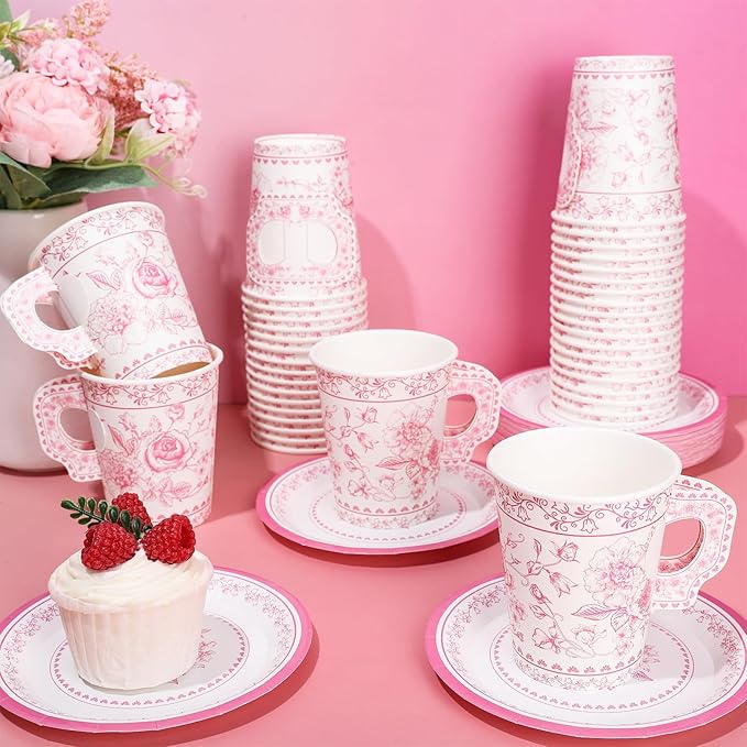 Whaline 80 Pcs Pink White Floral Paper Tea Cups and Saucers Porcelain Chinoiserie Flower 9oz Disposable 40 Teacups with Handle and 40 Dessert Plates for Wedding Baby Shower Birthday Spring Tea Party