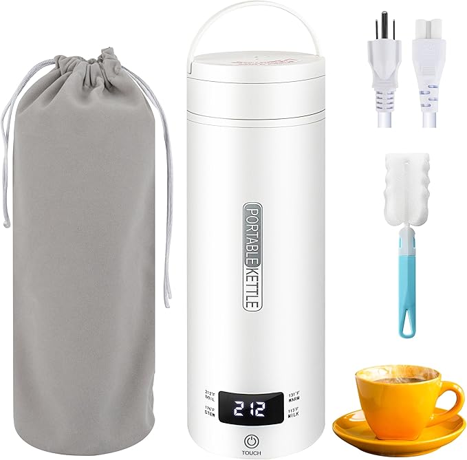 Portable Electric Kettle, Travel Tea Kettle, Small Hot Water Boiler Coffee Heater 450ML, 316 Stainless Steel, 4 Temperature Settings with Fast Boiling Water Auto Shut-off Boil Dry Protection (White)