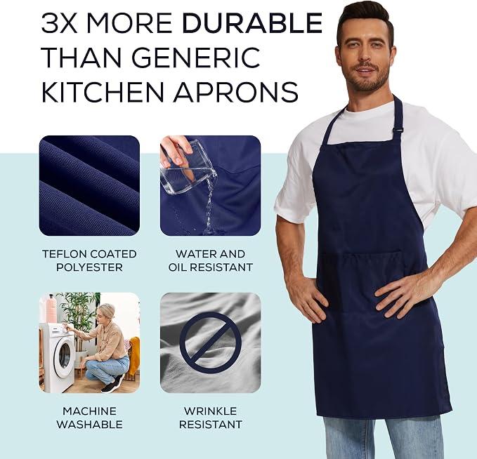 Will Well Kitchen Apron for Men and Women - 33" x 27" Oil-and-Water-Resistant with Adjustable Neck Strap and 38" Waist Ties for a Snug Fit, Lightweight with 2 Front Pockets - 1-Pack, Navy | Unisex 33'' x 27'' Oil & Water Resistant Soft Kitchen Chef Apr... - Image 2