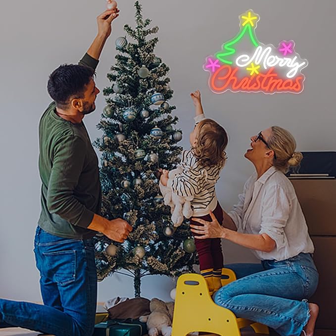 Merry Christmas Neon Sign for Wall Decor, Christmas Tree Neon Light USB Dimmable Colorful Neon Signs for for Bedroom, Home Bar, Party Decorations Teens Family Gifts