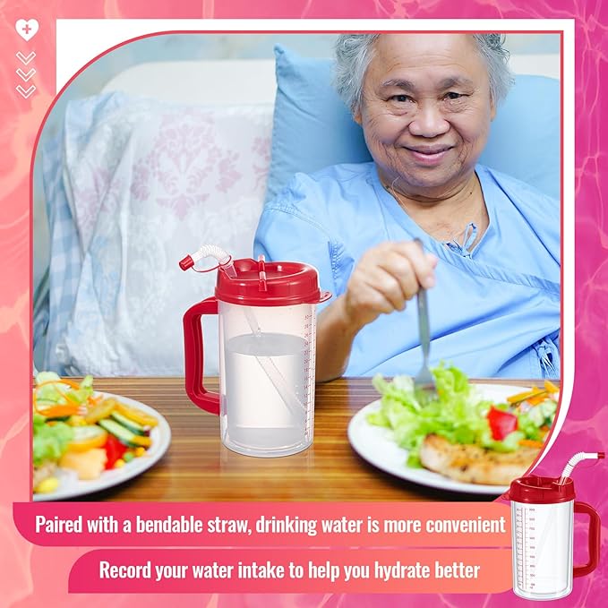 32 oz Hospital Water Cup with Straw and Lid Insulated Double Walled Water Cup with Handle and Straw Elderly Bottle Plastic Drinking Hospital Carafe Insulated Mug(Red,4)