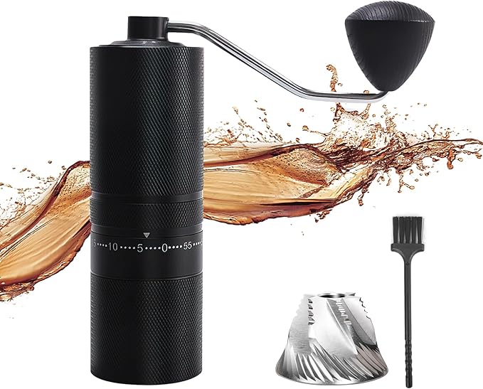 Manual Coffee Grinder with Adjustable Grind Settings, Brush, and Stainless Steel Portafilter (Black)