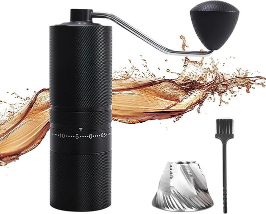 Manual Coffee Grinder with Adjustable Grind Settings, Brush, and Stainless Steel Portafilter (Black)