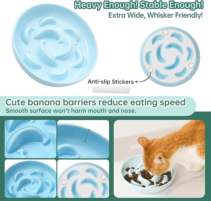 Elevated Slow Feeder Cat Bowls - 2 Ceramic Dishes with 1 Bamboo Stand - Whisker Friendly Shallow Maze Plates for Slower Eating - White & Blue