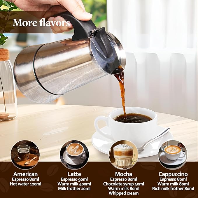 6 Cup Stainless Steel Moka Pot Stovetop Espresso Maker Italian Coffee Machine 300ml 10oz Suitable for Gas Induction Stovetop Mocha Greca Coffee Maker Percolator Tummy