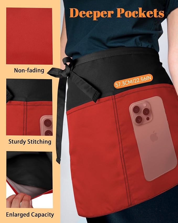 Slohif Reversible Server Apron 6 Pockets - Waist Apron for Waitress Women Half Serving Short Apron for Waiter - Image 5
